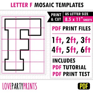 Letra F cuadrada, mosaico de globos, plantilla de mosaico, 1 pie, 2 pies, 3 pies, 4 pies, 5 pies, 6 pies, letras de mosaico, 8,5" x 11" PDF, descarga instantánea, BT20
