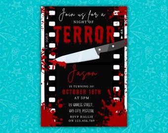 Night of Terror Movie Birthday Invitation | Scary Movie Party | Editable Canva Template | Horror Party | Digital Download | Mobile & 5x7