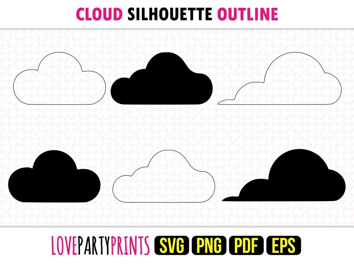 Clouds Silhouette Outline Bundle SVG, PNG, EPS, Pdf, White Fluffy Cloud ...