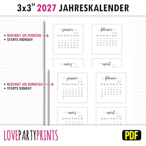 Op de afbeelding: Een witte kalender voor 2027 met de tekst "3x3" 2027 JAHRESKALENDER" bovenaan. De kalender bevat maanden als januari, februari, maart en april. De tekst "BEGINNT AM MONTAG" en "STARTS MONDAY" is ook zichtbaar.