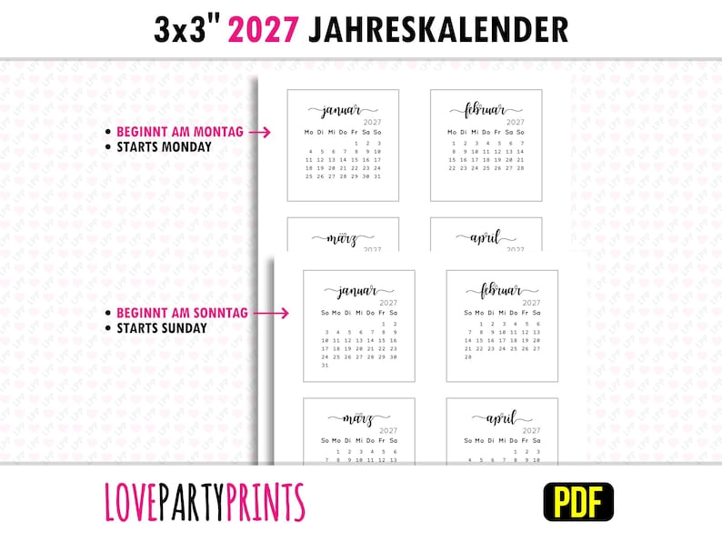 Op de afbeelding: Een witte kalender voor 2027 met de tekst "3x3" 2027 JAHRESKALENDER" bovenaan. De kalender bevat maanden als januari, februari, maart en april. De tekst "BEGINNT AM MONTAG" en "STARTS MONDAY" is ook zichtbaar.