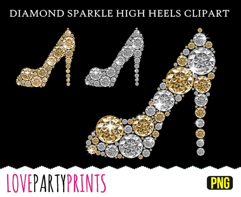 May include: A pair of high heels made of sparkling diamonds. One pair is gold and the other is silver. The heels are on a black background.  The image includes the text "LOVEPARTYPRINTS" and "PNG".