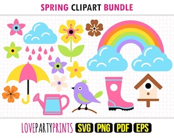 Kids Spring Clipart Bundle, SVG PNG EPS Pdf, 112 Templates, Rainbows, Flowers, Birds, Watering Can, Umbrella, Rainclouds, Instant Download