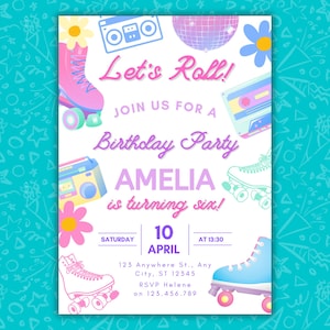 Let’s Roll Roller Skate Birthday Invitation Template | Retro Skate Party Invite | Editable Canva | Girls Roller Rink Birthday | Mobile & 5x7