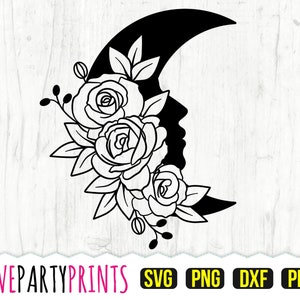 Floral Moon SVG, DXF, PNG, Pdf, Moon Face Svg, Crescent Moon Svg, Celestial Svg, Half Moon Svg, Floral Border, Paper Cut Template, 818