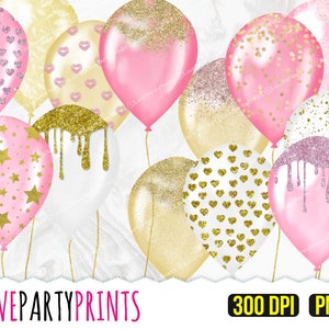 Glitter Balloons Clipart, Pink and Gold party clipart, PNG format at 300dpi, (CA1)