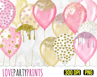 Glitter Balloons Clipart, Pink and Gold party clipart, PNG format at 300dpi, (CA1)