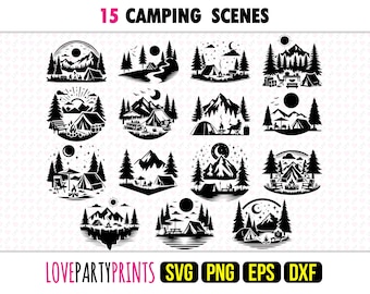 Camping Scene SVG Bundle, PNG, EPS, Dxf, Campfire Scenes, Mountain Silhouette, Outdoors Svg, 15 Outdoor Templates, Digital Download, 1289