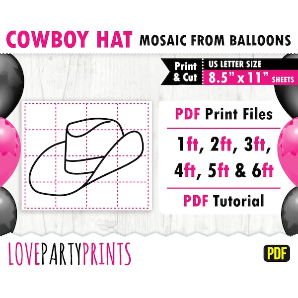 Cowboy Hat from Balloons Template PDF, 1ft, 2ft, 3ft, 4ft, 5ft, 6ft, Cowgirl Decorations, 8.5"x11" Printable PDF, Instant Download, BT46