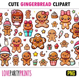 Süße Lebkuchen Clipart PNG Bundle, Weihnachten Kawaii Lebkuchen Mann, Sterne, Herzen, Geschenke, Kekse, Bäume, Sofort Download, 1652