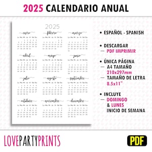 Calendario 2025 Anual Español PDF Imprimir A4 y Tamaño Carta Lunes y Domingo Semana Inicio Imprimible Minimalista Descarga Digital 1496