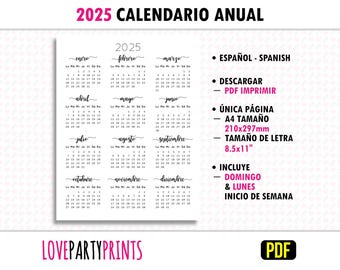 Calendario 2025 Anual Spanish PDF Imprimir A4 y Letter Size Lunes y Domingo Semana Inicio Imprimible Minimalista Descarga Digital 1496