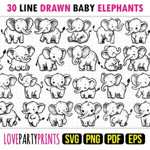 Op de afbeelding: Een set van 30 lijntekeningen van baby-olifanten in verschillende poses. De tekeningen zijn zwart-wit en perfect voor gebruik in knutselwerk, scrapbooking of digitaal ontwerp.