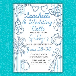 Seashells and Wedding Bells Invitation, Canva Text Template, 5x7 Inch and Mobile Templates, Bachelorette Custom Printable & Digital Invites