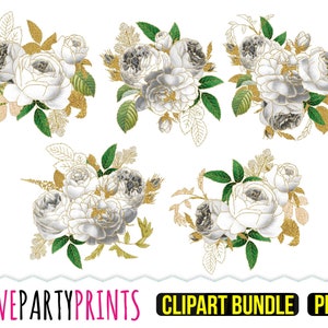 White Roses Clipart, PNG format, Gold Glitter Trim Rose Bouquet Vintage Floral Arrangements, White Bouquet, Wedding Party Clip Art, CA95