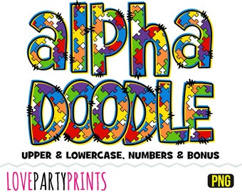 Autism Alphabet Doodle PNG Font, Uppercase and Lowercase Alphabet, Numbers, Jigsaw Font, Sublimation Alpha Font, Instant Download, CA168