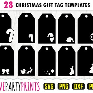 May include: 28 black and white Christmas gift tag templates with various holiday icons, including candy canes, Santa hats, snowflakes, reindeer, stars, and Christmas trees. The text "LOVEPARTYPRINTS" is at the bottom of the image, along with the file types "SVG, PNG, DXF, PDF".