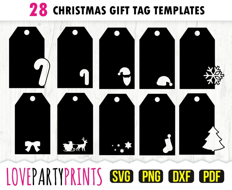 May include: 28 black and white Christmas gift tag templates with various holiday icons, including candy canes, Santa hats, snowflakes, reindeer, stars, and Christmas trees. The text "LOVEPARTYPRINTS" is at the bottom of the image, along with the file types "SVG, PNG, DXF, PDF".