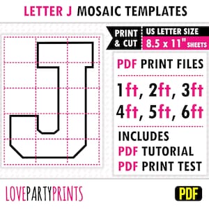 Letra J cuadrada, mosaico de globos, plantilla de mosaico, 1 pie, 2 pies, 3 pies, 4 pies, 5 pies, 6 pies, letras de mosaico, 8,5" x 11" PDF, descarga instantánea, BT24