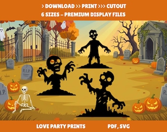 Puede incluir: Archivo gráfico digital con tres siluetas negras de zombis emergiendo del suelo, un esqueleto blanco y calabazas naranjas en un cementerio. El texto incluye DOWNLOAD PRINT CUTOUT, 6 SIZES PREMIUM DISPLAY FILES, LOVE PARTY PRINTS, PDF, SVG.