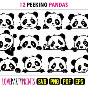 May include: Twelve black and white panda bear illustrations peeking over a surface. Each panda has a different expression and pose. The text "12 Peeking Pandas" is at the top of the image. The text "LOVEPARTYPRINTS SVG PNG PDF EPS" is at the bottom of the image.