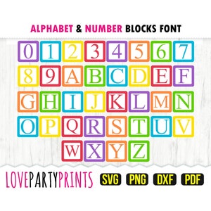 May include: Alphabet and number blocks font in a colorful design. The letters and numbers are in white and are outlined in black. The blocks are in various colors, including red, orange, yellow, green, blue, and purple. The text "LOVEPARTYPRINTS SVG PNG DXF PDF" is at the bottom of the image.