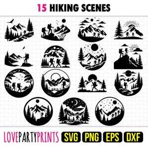 May include: 15 black and white illustrations of hiking scenes. Each scene is in a circle and features a mountain landscape with hikers, trees, and other details.