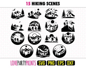 Hiking Scene SVG Bundle, PNG, EPS, Dxf, Outdoor Walking Scenes, Forest Mountain Silhouette, 15 Outdoors Templates, Digital Download, 1299