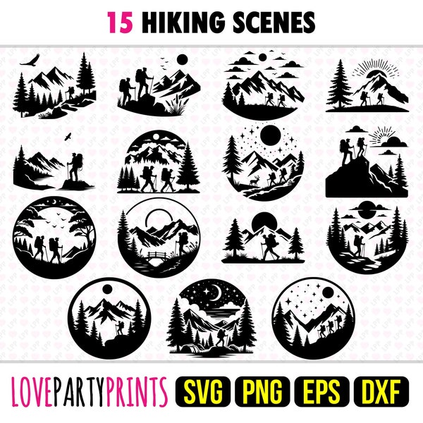 Hiking Scene SVG Bundle, PNG, EPS, Dxf, Outdoor Walking Scenes, Forest Mountain Silhouette, 15 Outdoors Templates, Digital Download, 1299