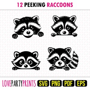 Pode incluir: Um conjunto de 12 ilustra&ccedil;&otilde;es em preto e branco de guaxinins espiando por cima de uma superf&iacute;cie. Os guaxinins t&ecirc;m um estilo bonito e de desenho animado. O texto "12 PEEKING RACCOONS" est&aacute; no topo da imagem. O texto "LOVEPARTYPRINTS SVG PNG PDF EPS" est&aacute; na parte inferior da imagem.