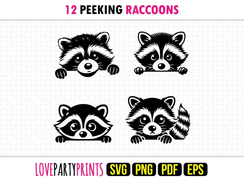 Pode incluir: Um conjunto de 12 ilustra&ccedil;&otilde;es em preto e branco de guaxinins espiando por cima de uma superf&iacute;cie. Os guaxinins t&ecirc;m um estilo bonito e de desenho animado. O texto "12 PEEKING RACCOONS" est&aacute; no topo da imagem. O texto "LOVEPARTYPRINTS SVG PNG PDF EPS" est&aacute; na parte inferior da imagem.