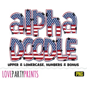 Flag Alphabet Letters Numbers Doodle PNG Font, Uppercase & Lowercase, USA, Patriotic, 4th July, Sublimation, Instant Download, ca172