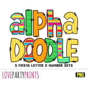 Fiesta Doodle Alphabet Bundle, Groß- und Kleinbuchstaben, Cinco de Mayo, Mexikanische Sublimation PNG Schrift, Sofort Download, FÜNF Schriften BUNDLE, ca178
