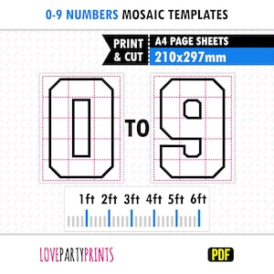 A4 数字モザイク PDF バルーン テンプレート、6 フィート、5 フィート、4 フィート、3 フィート、2 フィート、1 フィート、正方形の数字、210 x 297 mm 印刷可能な PDF、即時ダウンロード、BT53