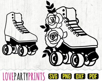 Puede incluir: Silueta en blanco y negro de un patín con un diseño floral. El patín tiene cuatro ruedas y un diseño de cordones. El diseño floral está en el lateral del patín e incluye rosas y hojas.