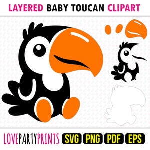 Kids Baby Toucan Clipart SVG, PNG EPS Pdf, Cute Zoo Animals Clip Art, Layered Vector Machine Cut Template, Instant Download