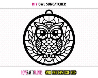 Owl SVG Suncatcher, DXF, PNG, Pdf, Eps, Wildlife Bird Hanging Ornament Sun Catcher, Machine Cut, Laser Cut Silhouette Vector Template, 1442