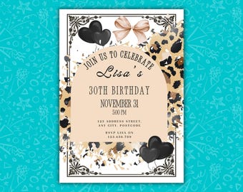 Plantilla de invitación de cumpleaños con estampado de leopardo / Invitación editable en Canva / Fiesta con estampado animal / Tarjeta imprimible / Descarga digital / Móvil 5x7