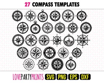 May include: A set of 27 black and white compass templates for crafting and design projects. The compass designs feature various styles, including traditional, nautical, and modern.  The templates are perfect for creating unique and personalised projects.