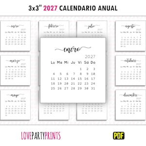 3x3 Calendario Mini 2027 Anual Spanish PDF Imprimir A4 y Letter Size Lunes y Domingo Semana Inicio Imprimible Minimalista Ladda ner Digital