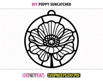 Mohnblume Suncatcher SVG, Dxf, Png, Pdf, Eps, Blume Fenster Ornament Sun Catcher, Maschine Laser Schnitt Silhouette Vektor Clip Art, Schneidedatei