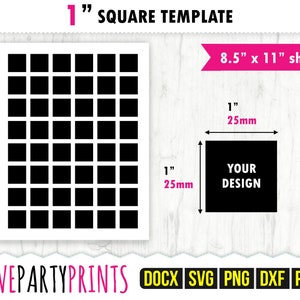 2,5 cm quadratische Vorlage SVG, PDF, Png, Dxf, leere quadratische Vorlage, Ms Word Docx, quadratische Etiketten, US Letter 8,5 "x11", druckbares Pdf, CA124