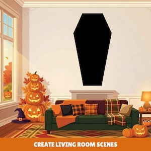 May include: A solid black coffin-shaped wall decor piece centered on a light-colored wall above a green sofa. The room features a large window with an autumn landscape, a stack of three glowing jack-o'-lanterns, and a witch hat on the floor.