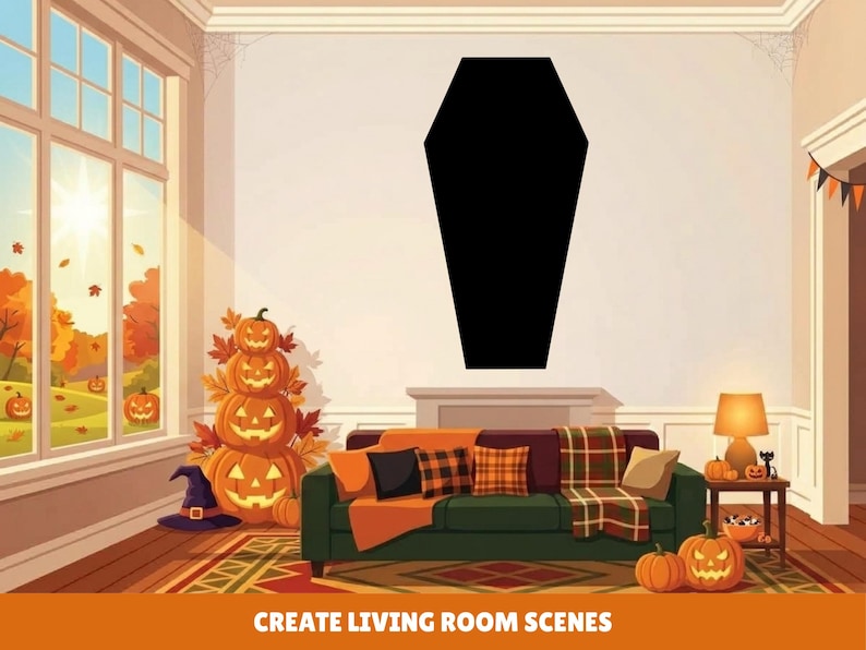 May include: A solid black coffin-shaped wall decor piece centered on a light-colored wall above a green sofa. The room features a large window with an autumn landscape, a stack of three glowing jack-o'-lanterns, and a witch hat on the floor.