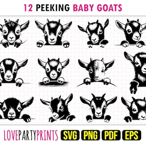 Könnte beinhalten: Zwölf schwarz-weiße Silhouette-Illustrationen von jungen Ziegen, die über eine Oberfläche schauen. Jede Ziege hat eine andere Pose und einen anderen Ausdruck. Der Text "12 PEEKING BABY GOATS" befindet sich oben im Bild. Der Text "LOVEPARTYPRINTS SVG PNG PDF EPS" befindet sich unten im Bild.