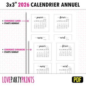 May include: Printable 2026 calendar in black and white. The calendar is divided into 12 monthly pages, each with a different month's name in cursive script. The calendar starts on Monday and Sunday.