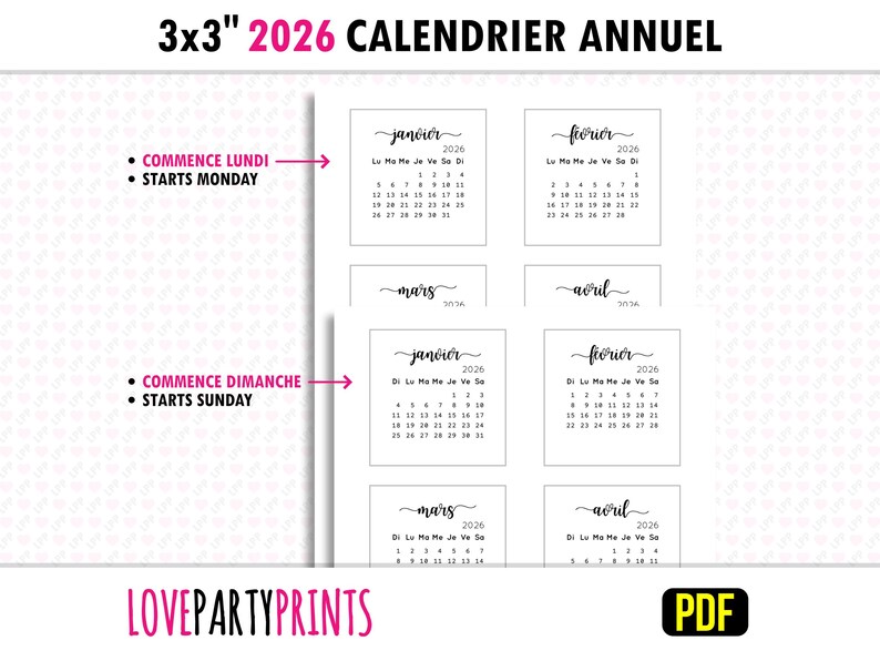 May include: Printable 2026 calendar in black and white. The calendar is divided into 12 monthly pages, each with a different month's name in cursive script. The calendar starts on Monday and Sunday.
