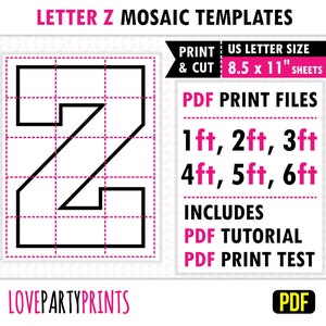 Letra Z cuadrada, mosaico de globos, plantilla de mosaico, 1 pie, 2 pies, 3 pies, 4 pies, 5 pies, 6 pies, letras de mosaico, 8,5" x 11" PDF, descarga instantánea, BT40