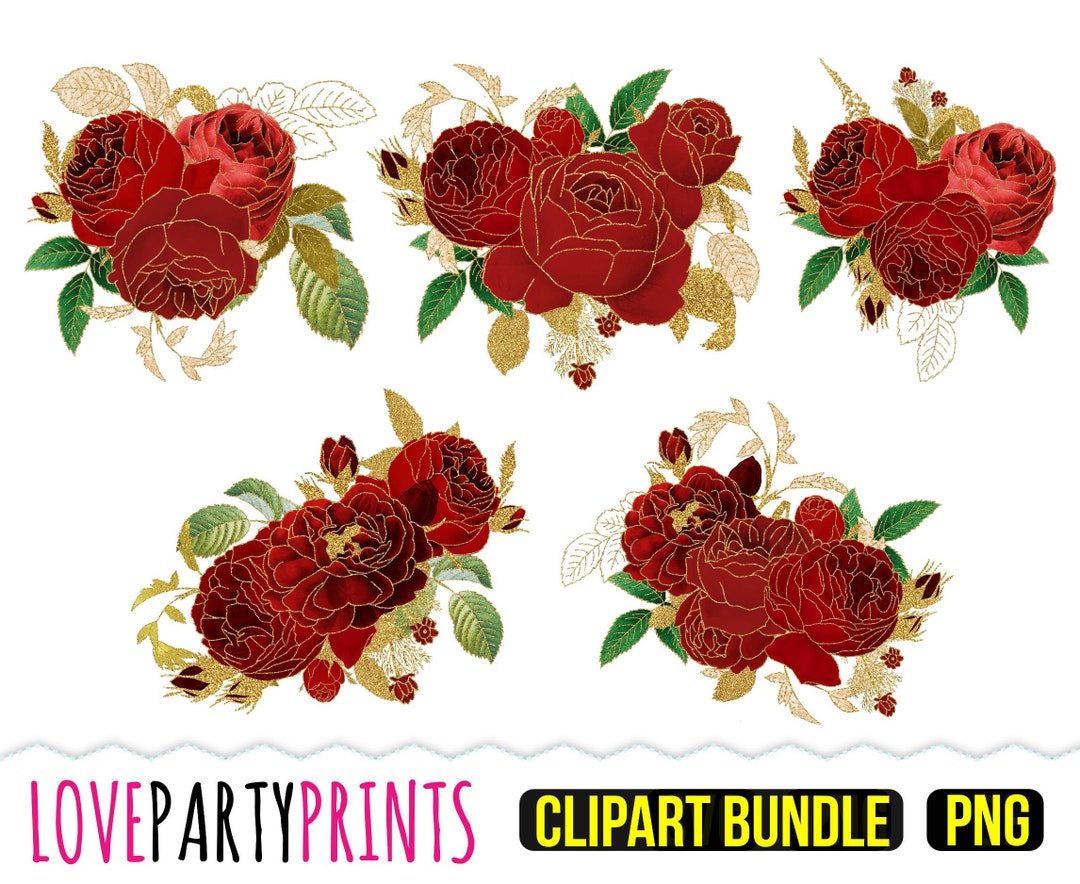 Red Rose Bouquet Clipart, PNG Format, Glitter Red Rose Bouquet, Vintage