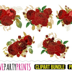 Red Roses Clipart, PNG format, Gold Glitter Trim Flower Bouquet Vintage Floral Arrangements, Wedding Party Invitation Invite Clip Art, CA98
